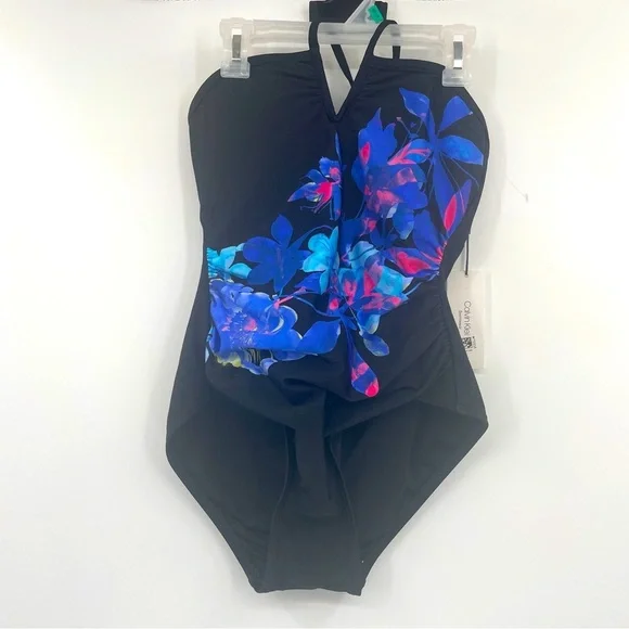 Calvin Klein NWT Floral Black and Blue Halter tie One Piece Size 6